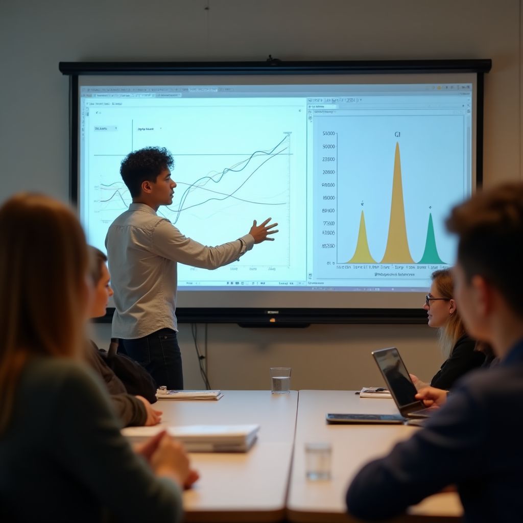 Un estudiante presentando su proyecto de inversión final